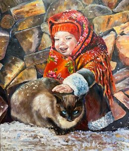 Русская девочка с кошкой. Зима.