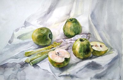 Зеленые яблоки на жемчужном фоне