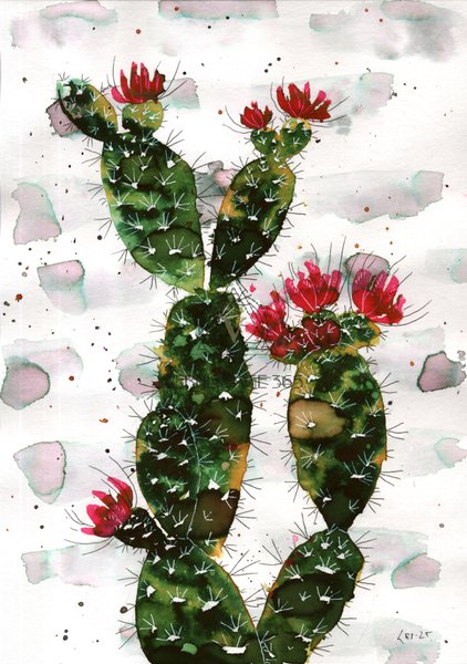 Кактус зацвел на фоне кирпичной стены