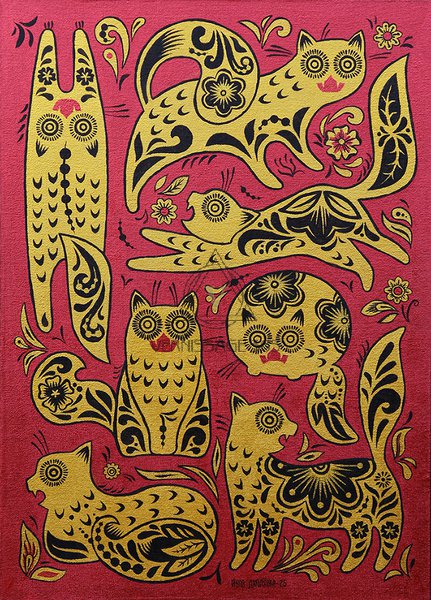 Красная хохлома котики