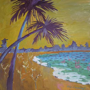 Картина «Отдых на пляже с фламинго»