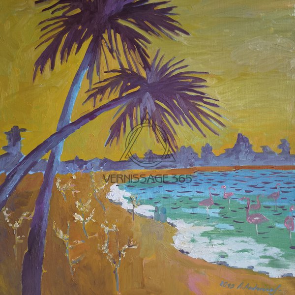 Картина «Отдых на пляже с фламинго»