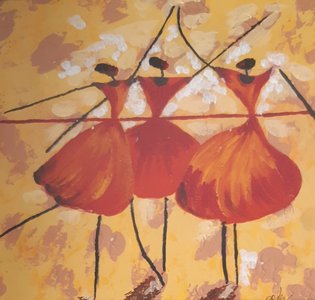 Танцующие девушки в красном.Картина в раме "Девушки как цветы"