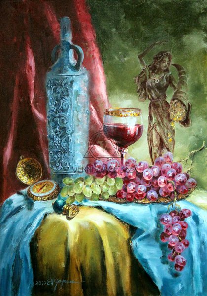 Натюрморт с виноградом , вином и Фортуной