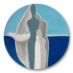 Авангардная круглая картина море, чайка и семья