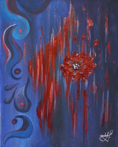 красные цветы на синем фоне