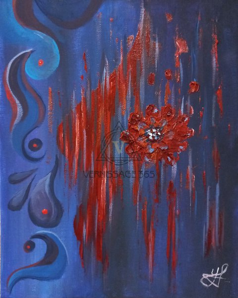 красные цветы на синем фоне