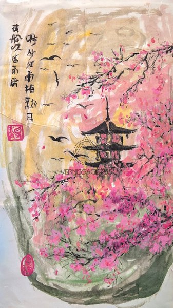 Японский храм с сакурой