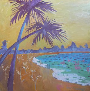 Отдых на пляже с фламинго