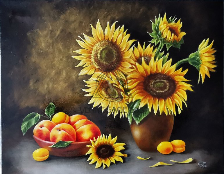 Натюрморт с подсолнухами и персиками