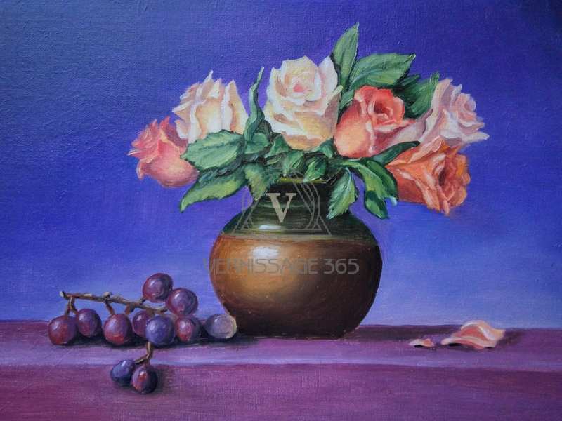 Натюрморт с розами и виноградом.