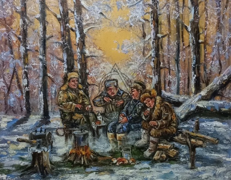 Охотники у зимнего костра