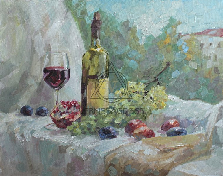 Вино и фрукты на подоконнике