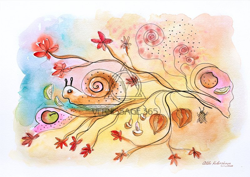 Акварельная композиция с улиткой