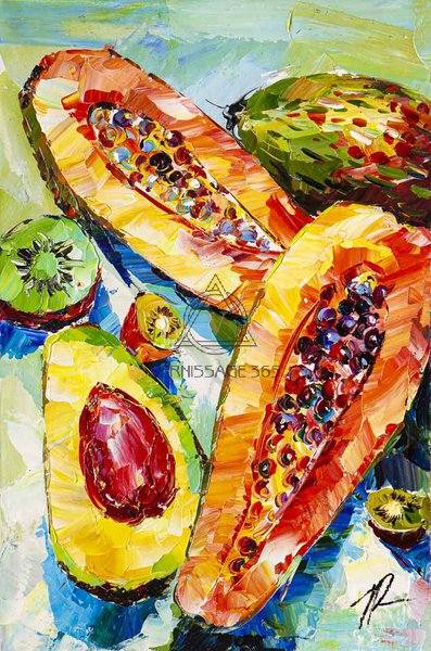 Натюрморт с папайей, авокадо и киви