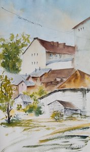 Городской пейзаж. Сплетение крыш и зелени.