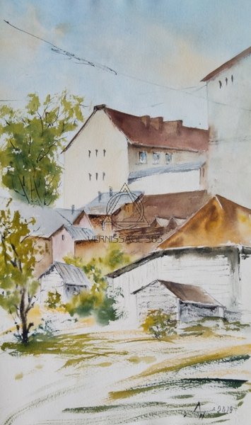 Городской пейзаж. Сплетение крыш и зелени.