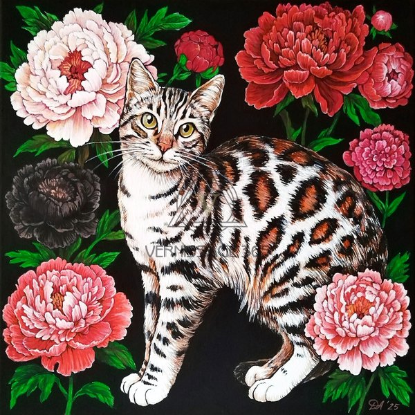 Пятнистая кошка в цветах