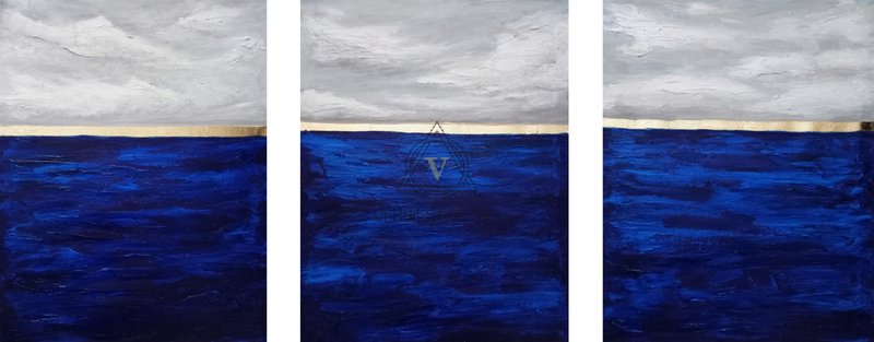 Синий пейзаж с морем Триптих Ультрамарин