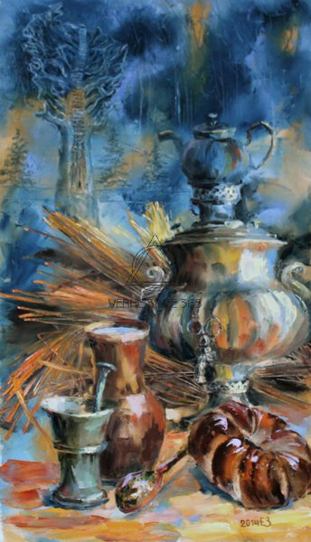 Картина с самоваром  и хлебом