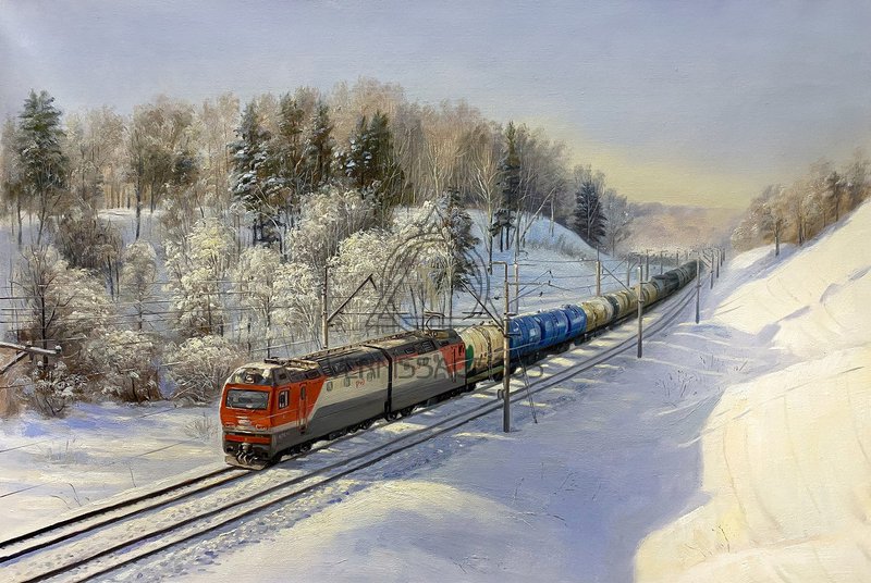 Солнечный зимний день. Поезд. Железная дорога