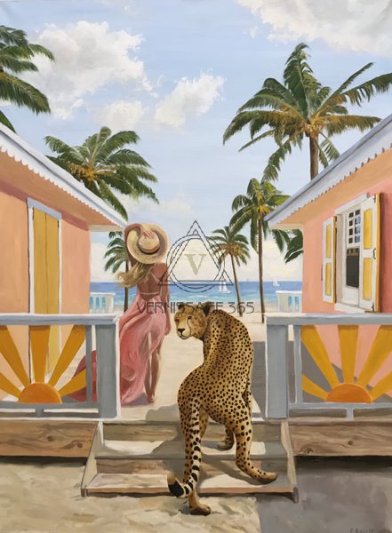 Картина "Девушка с леопардом на пляже"