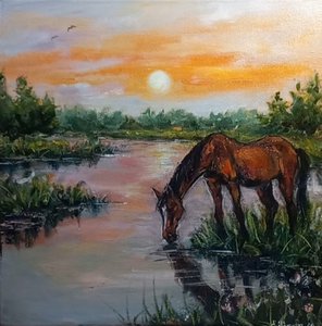 Вечерний водопой . Лошадь и Закат.