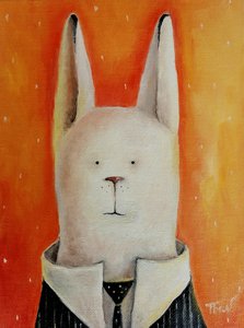 Carrot affairs. Original oil painting on canvas on cardboard. Hare in a suit