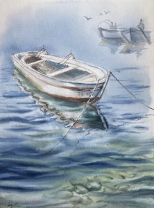 Картина акварелью «Лодка и рыбаки в тумане»