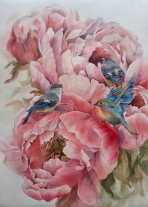 Розовые пионы с птицами