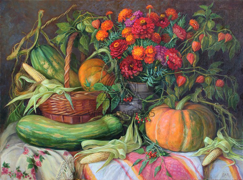 Осенний натюрморт с тыквами и кукурузой