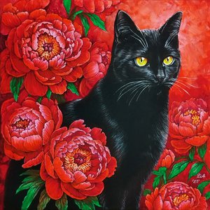 Кот в красных пионах