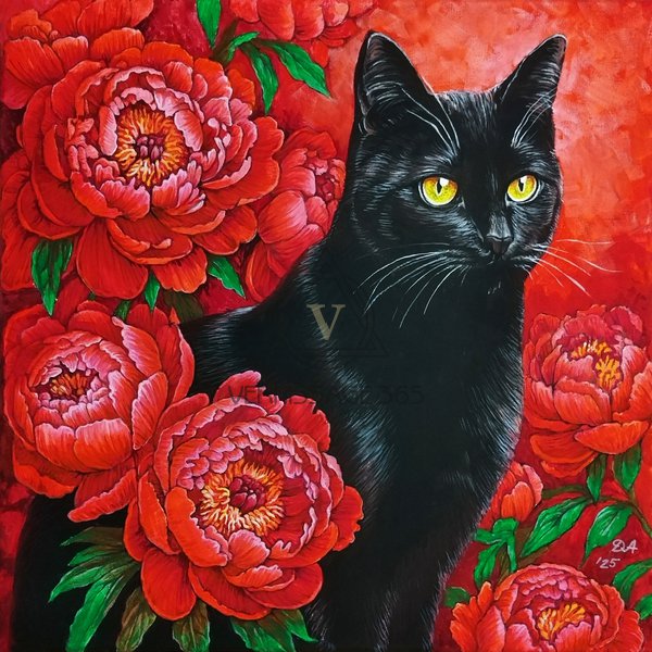 Кот в красных пионах