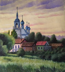 Деревенский пейзаж с церквушкой.