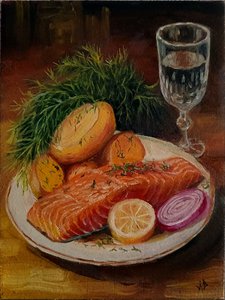 натюрморт с красной рыбой