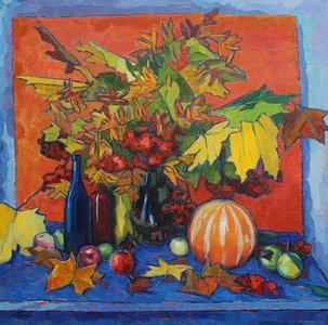 Натюрморт с осенними листьями, тыквой и яблоками