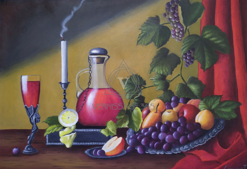 Натюрморт с красным вином, свечей и виноградом.