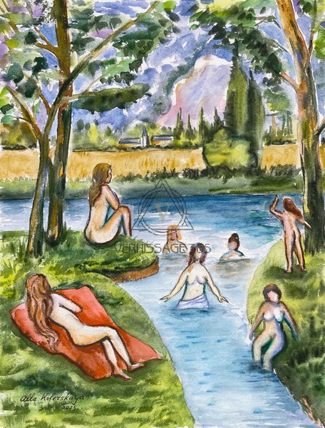 Акварель Купальщицы в стиле Сезанн